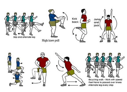 The diagram shows a number of warm-up exercise and stretching, such as skipping, high knee pulls, kick backs and jump and jacks.