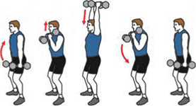 A person is initiating a Dumbbell Biceps Hammer Curl and Shoulder Over Head Press. A person is ending a Dumbbell Biceps Hammer Curl.