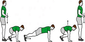 A person is completing an exercise called Burpees. A person is completing an exercise called Burpees.