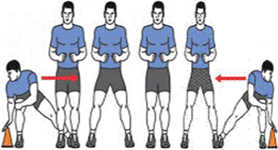 A person is starting a length of a Shuffle Between 2 Cones on the left side. A person is ending a length of a Shuffle Between 2 Cones on the right side.