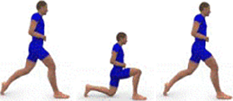A person is starting a Walking Lunge. A person is performing a Waling Lunge. A person is starting another Walking Lunge.