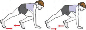 A person is starting a Mountain Climber with the right knee in front. A person is completing a Mountain Climber with the left knee in front.