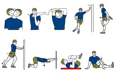 The diagram shows a number of stretches for various body parts that include, the back, neck, calves, shoulders and hips. 